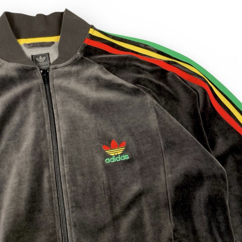 Vintage Black Adidas Rasta Track Jacket Velour Mens Y2K Reggae Rare Size Medium - Picture 2 of 5